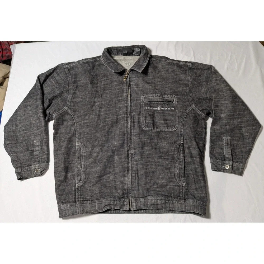 VTG ROCAWEAR Men‎ 2XL Black Heather Denim  Full Zip Jean Jacket